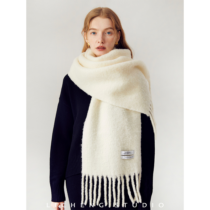 礼诚 羊毛马海毛围巾女2025新款秋冬加厚百搭白色围脖男保暖披肩