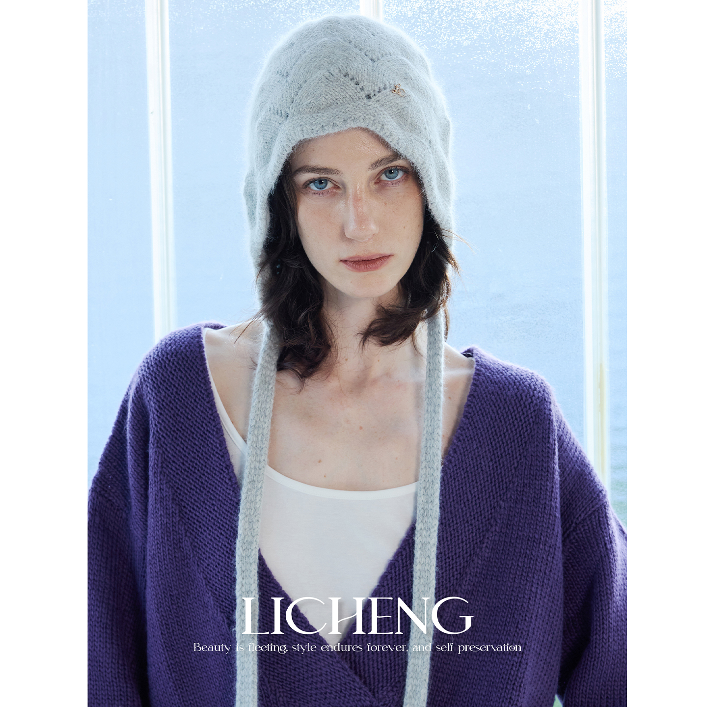 镂空针织兔绒羊毛混纺系带护耳帽