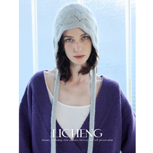 礼诚 镂空针织兔绒羊毛混纺系带护耳帽女秋冬保暖高级感包头帽子