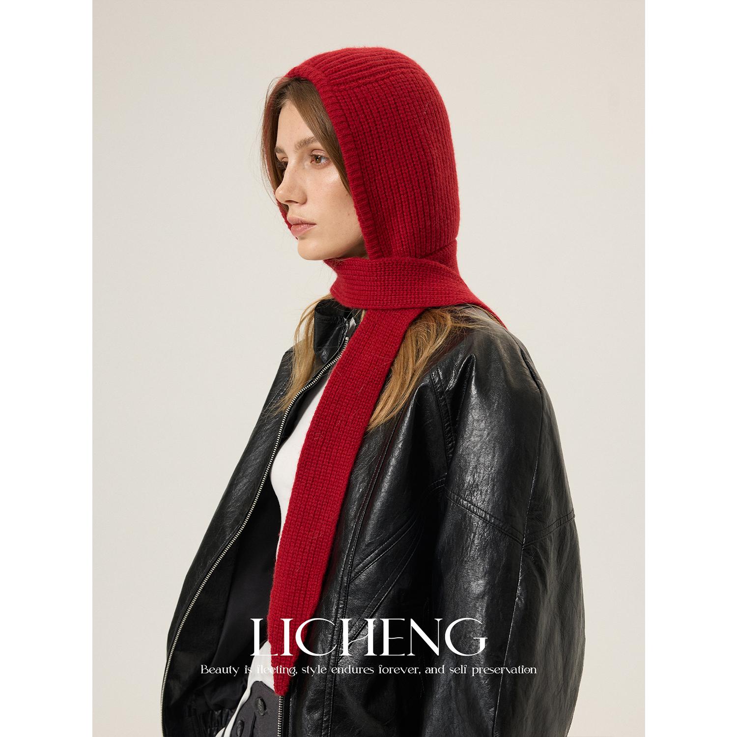 氛围感红色巴拉法克帽子围巾一体