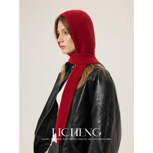 礼诚 氛围感红色巴拉法克帽女冬季2025新款护耳针织帽子围巾一体