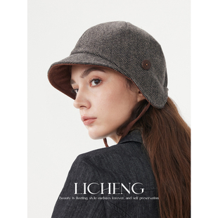 礼诚 人字纹羊毛混纺马术帽男女款秋冬复古日系灯芯绒保暖护耳帽