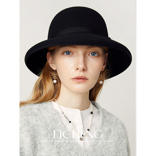 礼诚 赫本风羊毛呢渔夫帽女法式秋冬100羊毛黑色圆顶礼帽优雅盆帽