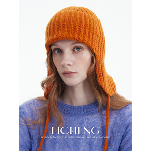礼诚 100%全羊毛针织护耳帽女冬季系带保暖针织帽子毛线飞行员帽