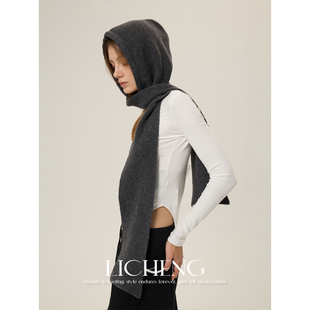 礼诚 简约时髦100%羊毛纯色连帽围巾女冬季针织围脖帽子围巾一体