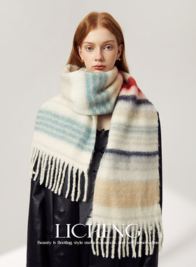 礼诚 温暖出圈 北欧彩色条纹羊毛马海毛围巾女秋冬保暖复古围脖男