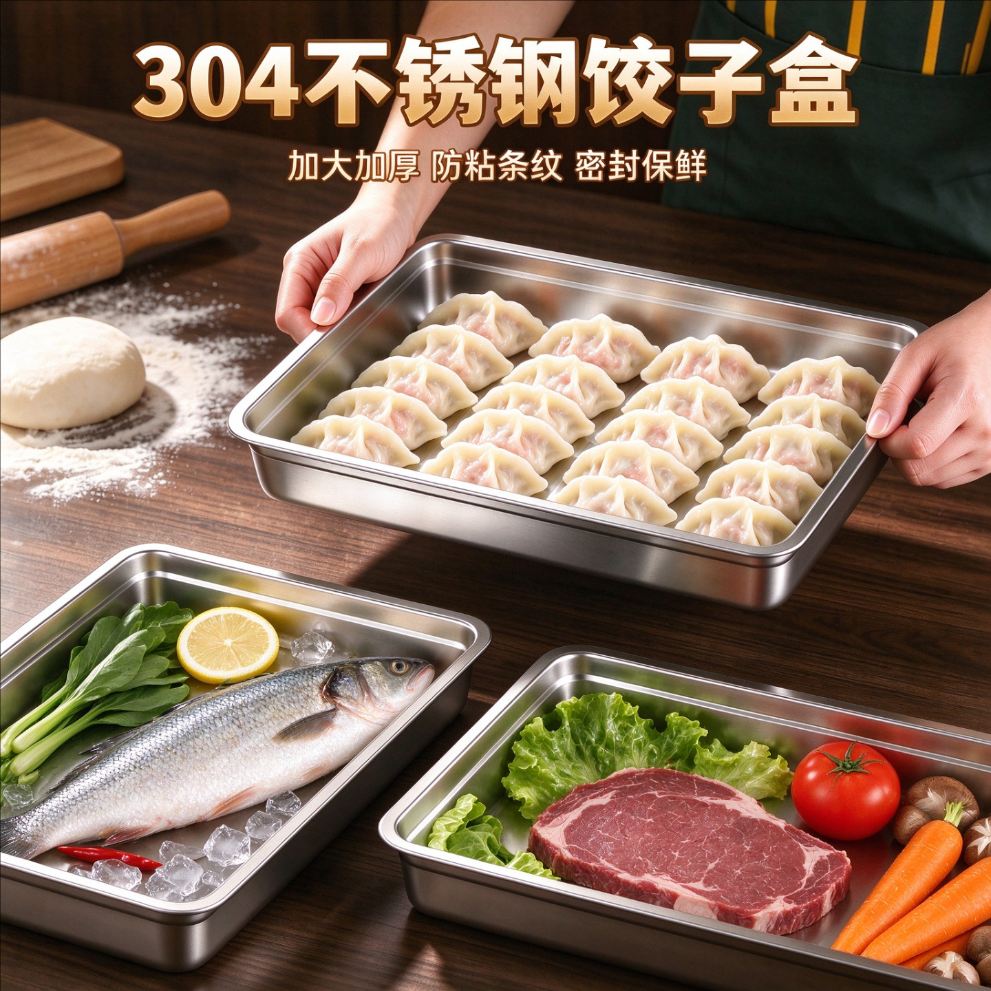 304不锈钢饺子冷冻盒食品级保鲜盒冰箱专用馄饨水饺速冻收纳盒子