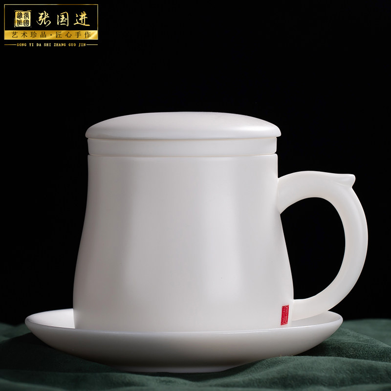 张国进白瓷办公杯茶水分离泡茶杯高档简约带盖带过滤陶瓷水杯