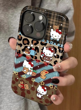 豹纹拼接kitty 适用苹果17promax新款iPhone16手机壳女生1314高级感小众不撞款15防摔二合一菲林12保护套plus