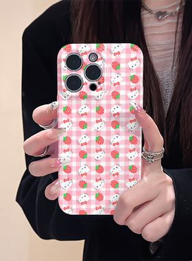 满屏草莓可爱hellokitty适用iphone15promax苹果14凯蒂猫新款13全包mini防摔xr高级感12菲林8plus11手机壳女