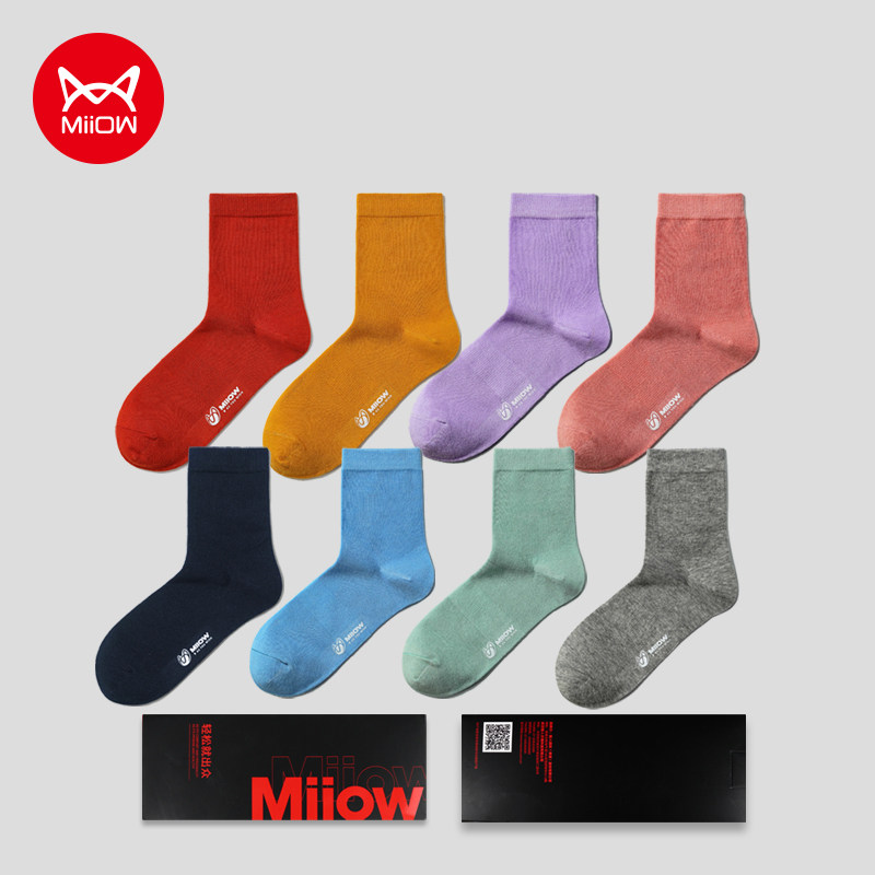 5双装猫人袜子女中筒纯色透气吸汗休闲棉质男长筒秋冬长袜ins潮流