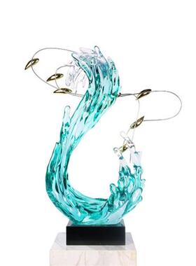 创意晶轻奢游鱼浪花雕塑客厅玄关走廊样板房新中式艺术品摆件