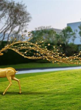 不锈钢大角鹿户外景观小品金属鹿雕塑酒店售楼部大堂迎宾大型摆件