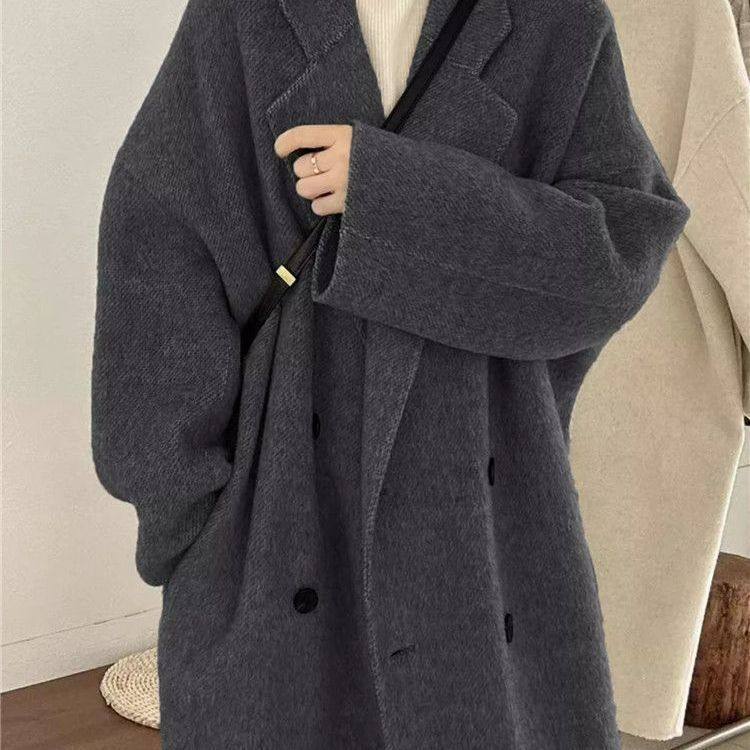深灰色慵懒宽松高级感毛呢大衣女秋冬新款小个过膝中长款呢子