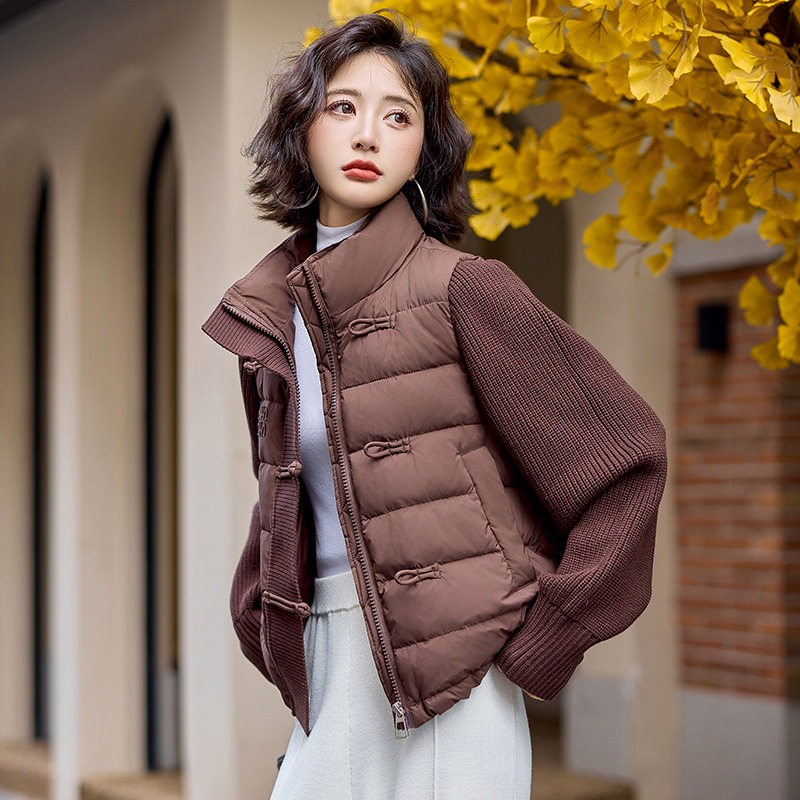 韩版毛线袖子拼接女装冬新款羽绒服时尚百搭白鸭绒立领外套 C3205