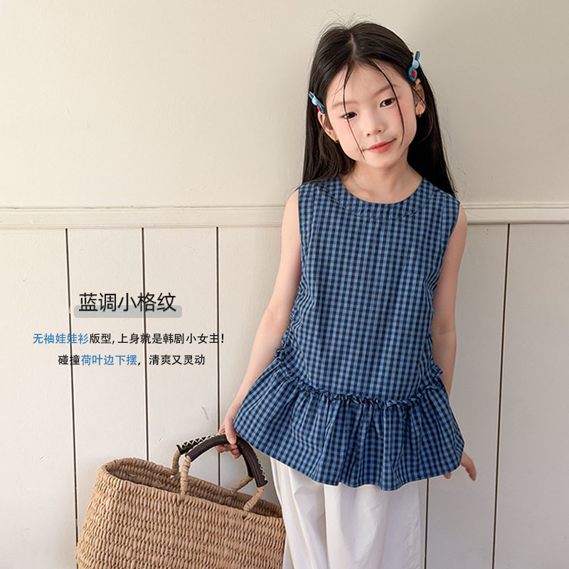 艾摩贝贝女童夏季格子无袖衬衫