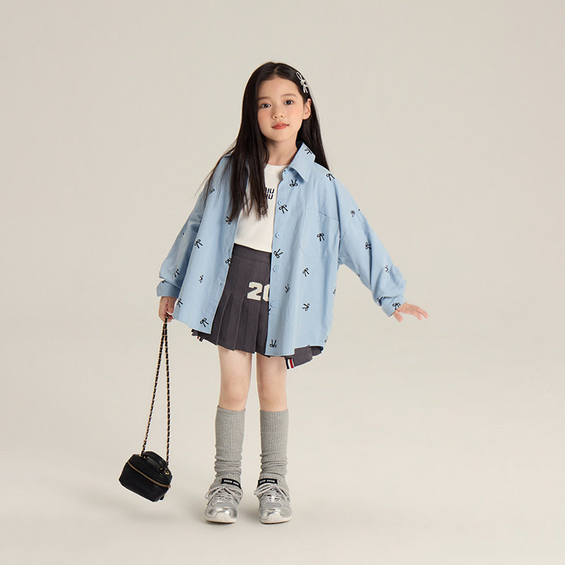 艾摩贝贝女童韩版甜美蝴蝶结衬衫