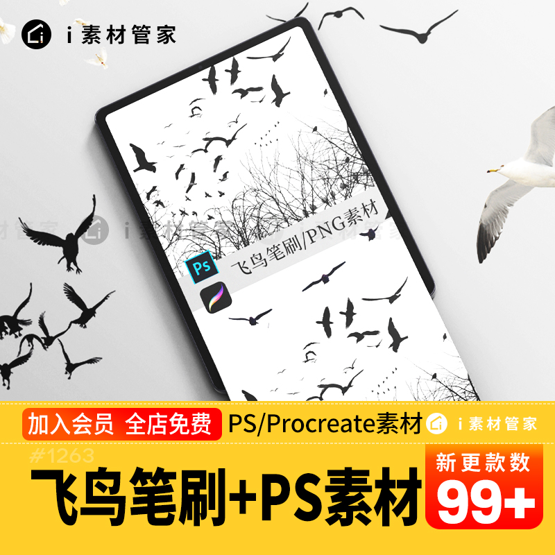 飞鸟PS素材procreate笔刷建筑景观园林效果图天空鸟群配景PNG素材