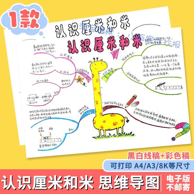 认识厘米和米思维导图数学手抄报模板电子版生活趣味线稿小学生a4