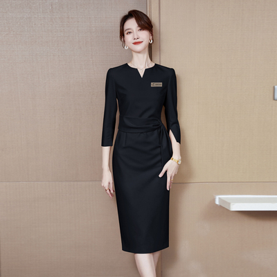 工作服连衣裙优雅设计感2026夏装新款气质淑女中长裙收腰显瘦黑色