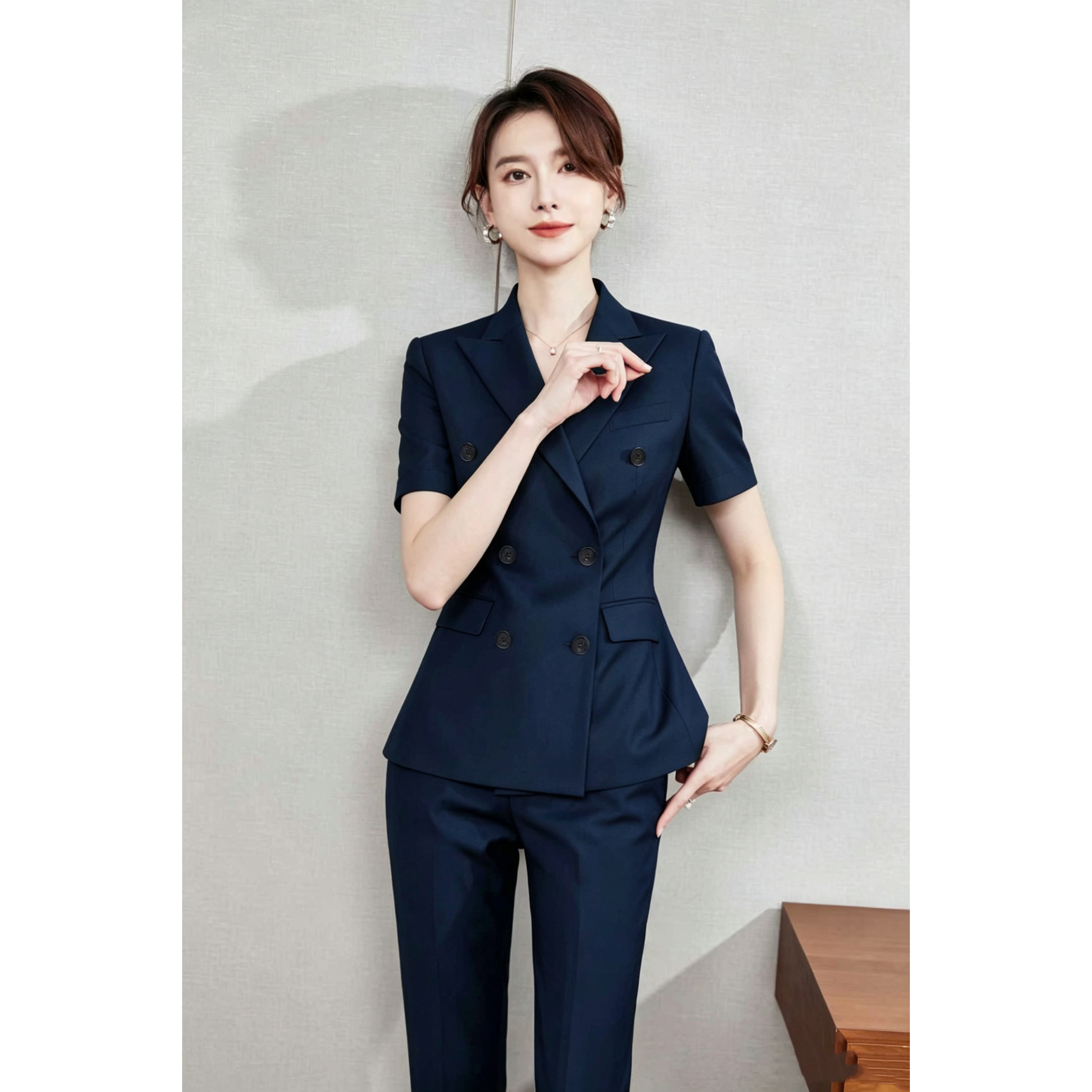 高档职业西装夏季短袖修身西服职场办公小脚裤套装气质通勤藏青色