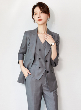 西服套装气质精致干练浅灰色OL通勤会议正装精纺西装马甲职业套装