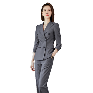 灰色通勤西装套装修身气质直筒阔腿裤西服女士前台接待工作服