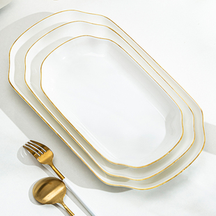 景德镇骨瓷金边深鱼盘家用装鱼盘子蒸鱼新款大号高档陶瓷长方形盘