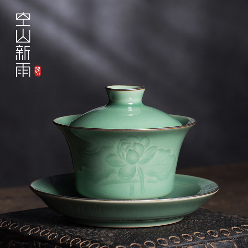 龙泉青瓷纯手工陶瓷盖碗茶杯三才盖碗功夫茶具茶碗耐热中号敬茶杯