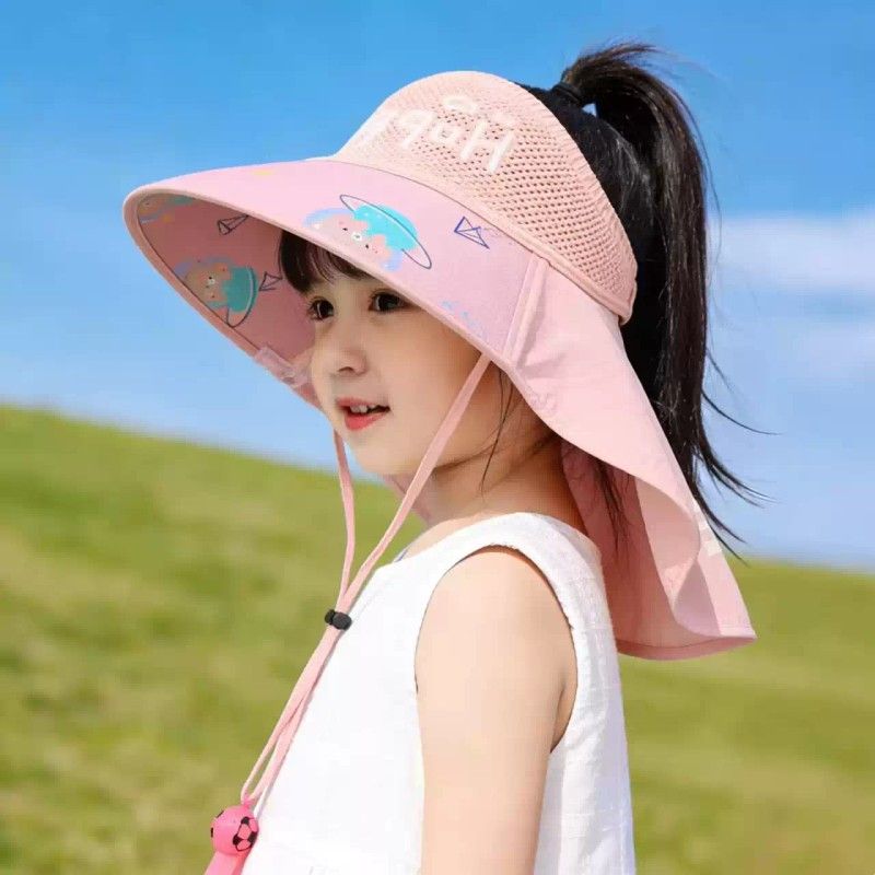 儿童防晒帽男女童夏季大檐遮阳帽女孩可扎马尾透气户外空顶太阳帽