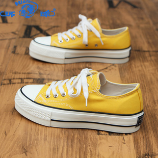 环球厚底帆布鞋女2026春季新款柠檬黄休闲运动板鞋子百搭黄色球鞋
