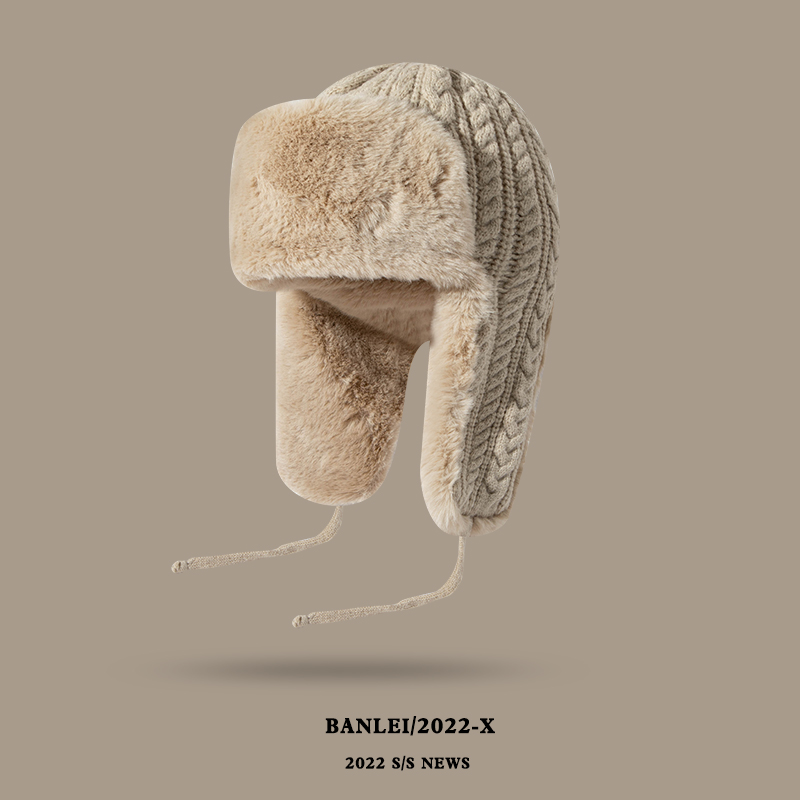 半蕾针织纯色系带雷锋帽子女