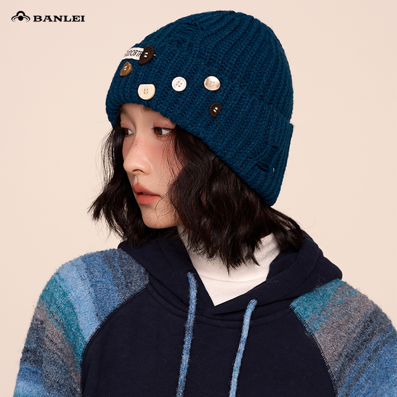 日系复古纽扣破洞针织帽