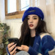 冬天英伦毛呢贝雷帽子女网红气质蓝色画家帽显脸小羊毛贴标蓓蕾帽