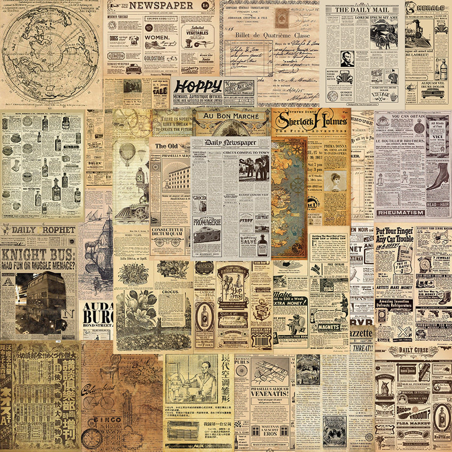新款70张复古羊皮纸报纸贴画高颜值网红爆款古风背景素材装饰贴纸