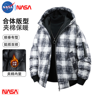 美式复古格子棉衣服冬季新款男士加厚保暖连帽外套宽松百搭面包服