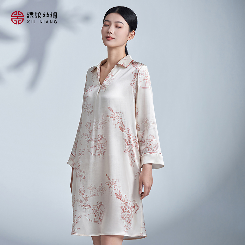 绣娘丝绸真丝睡裙春夏100%桑蚕丝宽松休闲睡衣女款睡袍家居服裙子