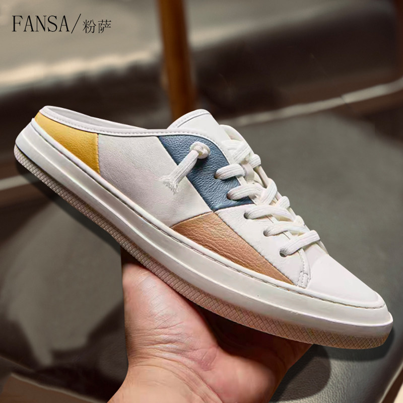 2026夏新款包头半拖鞋男潮牌小蜜蜂真皮印花无后跟懒人外穿一脚蹬