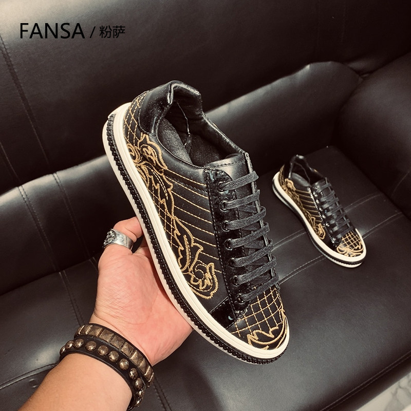 欧洲站潮牌男潮鞋刺绣小黑鞋男真皮秋季防臭百搭休闲轻奢板鞋男鞋,流行男鞋,休闲板鞋,淘宝优惠券,粉丝福利购,淘宝优惠卷