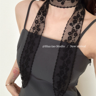 2025头巾黑色纯欲蕾丝飘带女细长条丝巾发带绑发装饰领巾腰带春夏