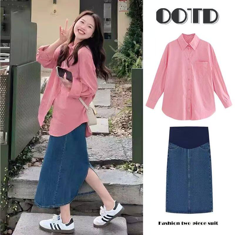大货2026新款法式高级感气质减龄孕妇衬衫+牛仔裙套装