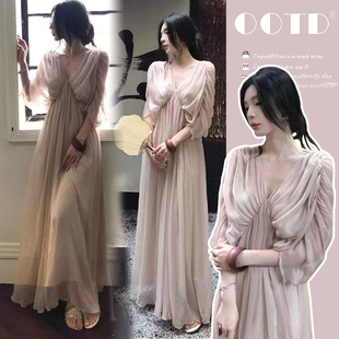 孕妇装春夏新款法式高级感雪纺连衣裙女冷淡系v领显瘦气质长裙