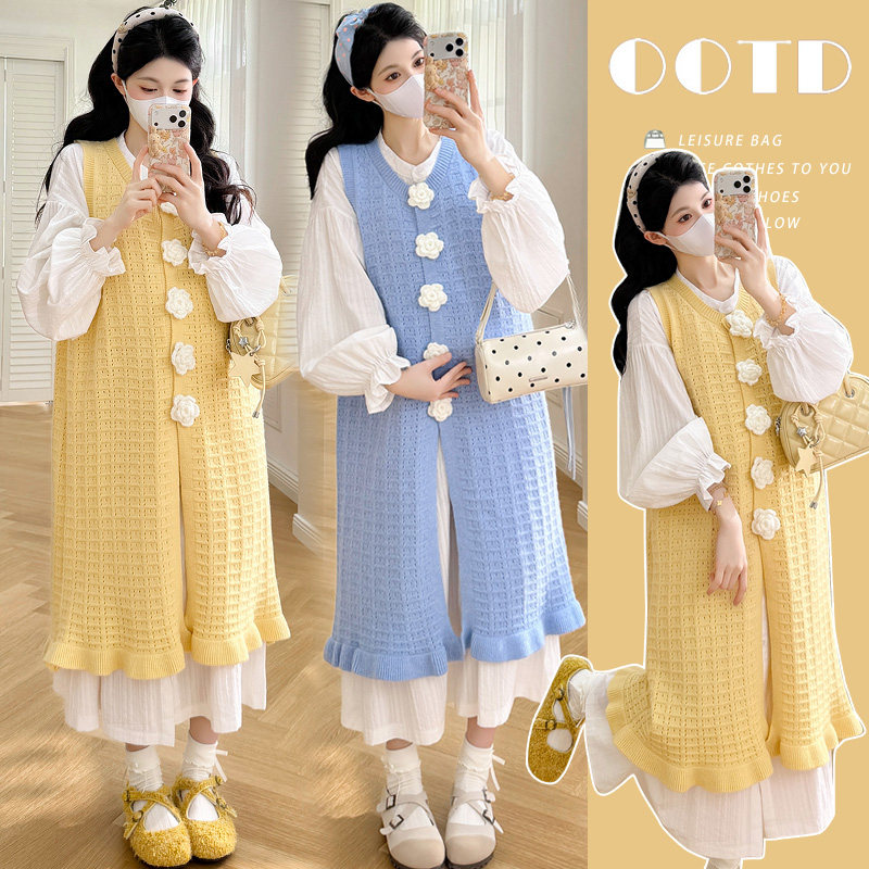 实拍 春季法式宽松长款连衣裙+山茶花鱼尾针织镂空背心裙孕妈套装