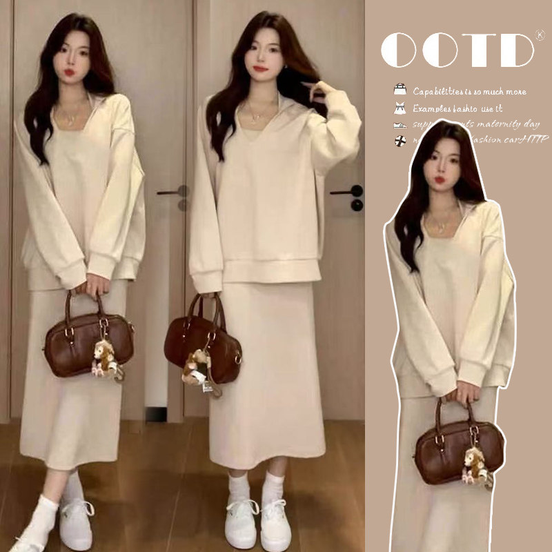 春装新款挂脖孕妇连衣裙宽松卫衣休闲孕妇两件套装