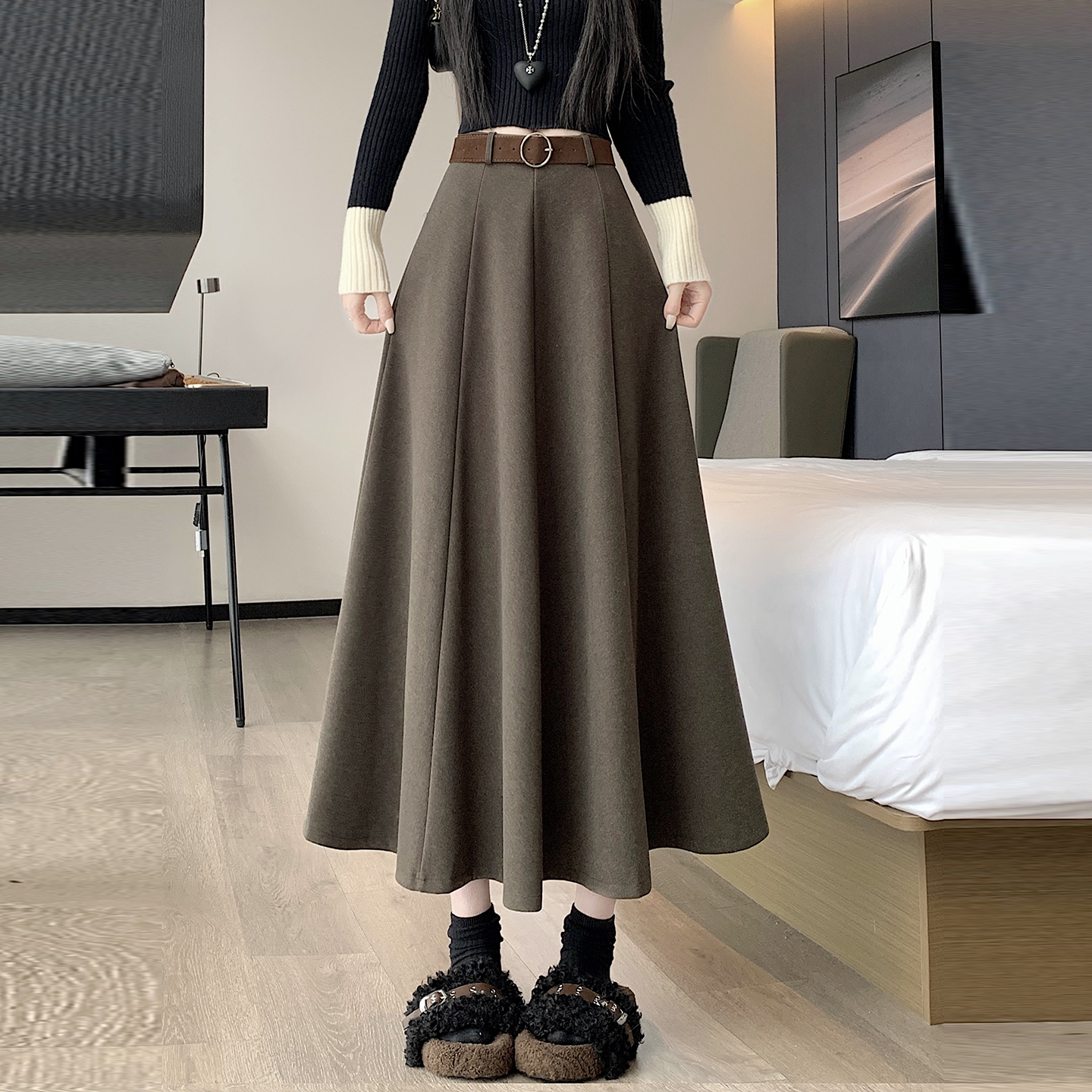 实拍2025秋冬韩版遮胯显瘦中长加厚毛呢a字半身裙大摆伞裙 配腰带