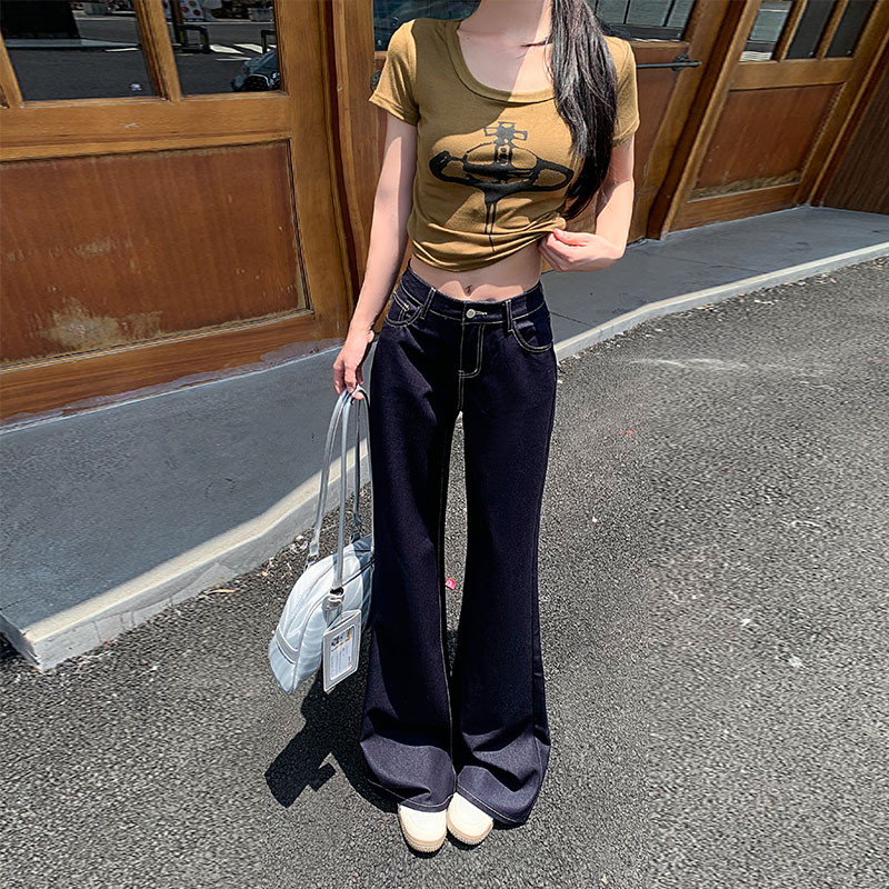 深蓝色天丝窄版阔腿牛仔裤女2025夏季薄款高腰宽松垂感直筒微喇裤