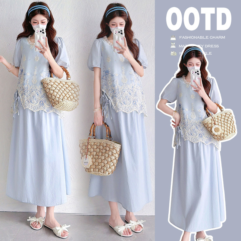 实拍夏季孕妇短袖上衣+裙子两件套装新款宽松大码女装