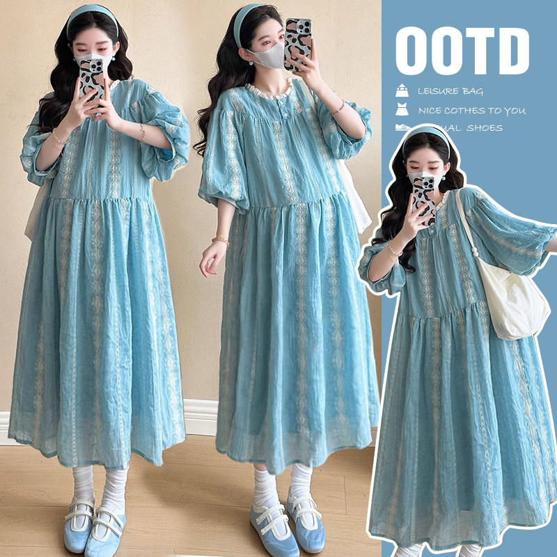 孕妇2026春夏装高级感中袖连衣裙新款春装大码宽松花边领连衣裙