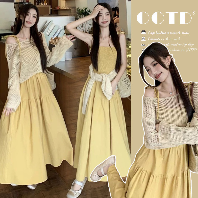 有货  春夏新款中长款孕妇连衣裙镂空罩衫夏季孕妇两件套装