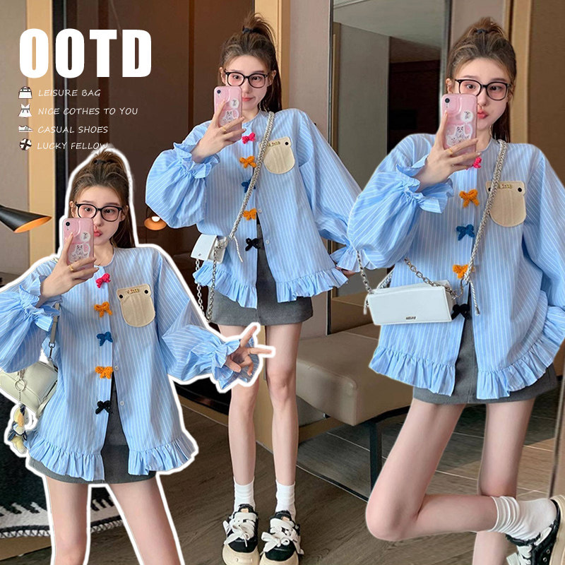 新款蓝色条纹蝴蝶结衬衫春季新款设计感法式高级感轻奢韩版上衣